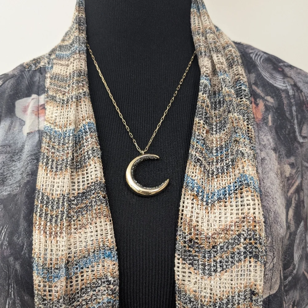 Crescent Moon Necklace, Gold Tone and Crystals - Picture 3 of 8